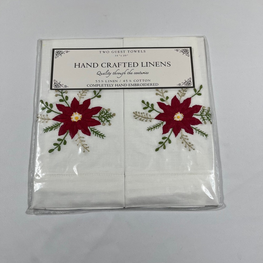 Hand Crafted Holiday Linens Guest Towels Set of 2 White Poinsettia Embroidered